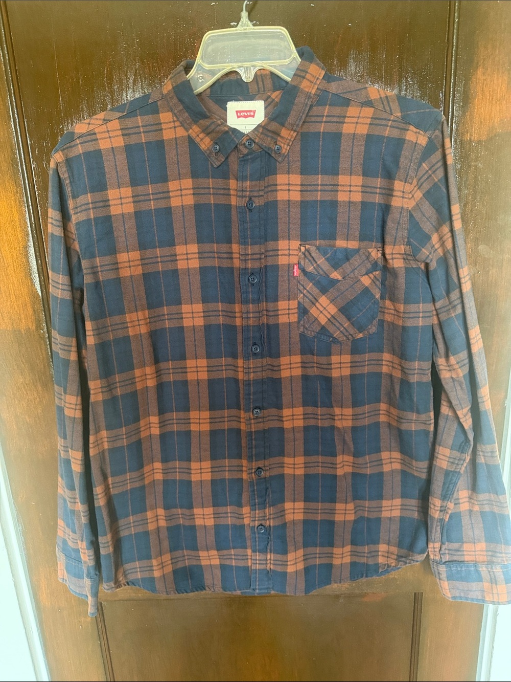 Levi's Men's Navy and Brown Plaid Button-Down Shirt with Chest Pocket